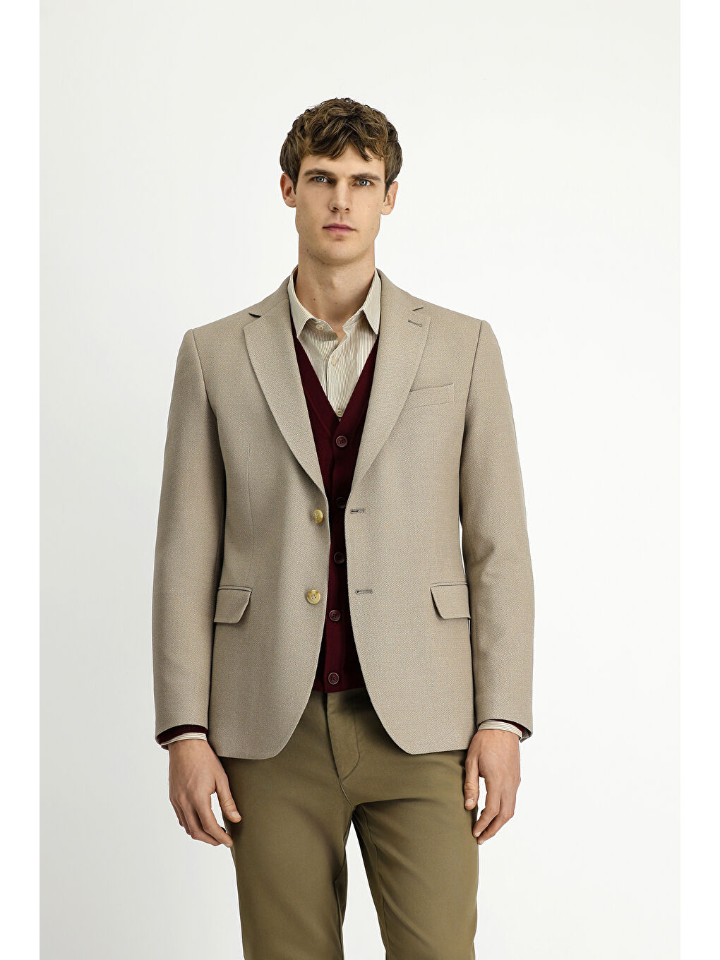 Bej Regular Fit Elastanlı Klasik Desenli Ceket-3
