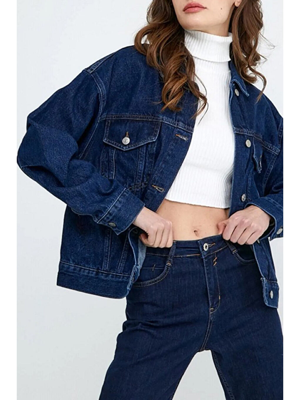 Cepli Kısa Jean Ceket Koyu Mavi   26574-1