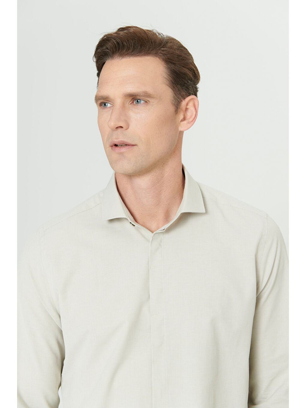 Erkek Açık Haki Slim Fit Dar Kesim Klasik Yaka Pamuklu Armürlü Gömlek-3