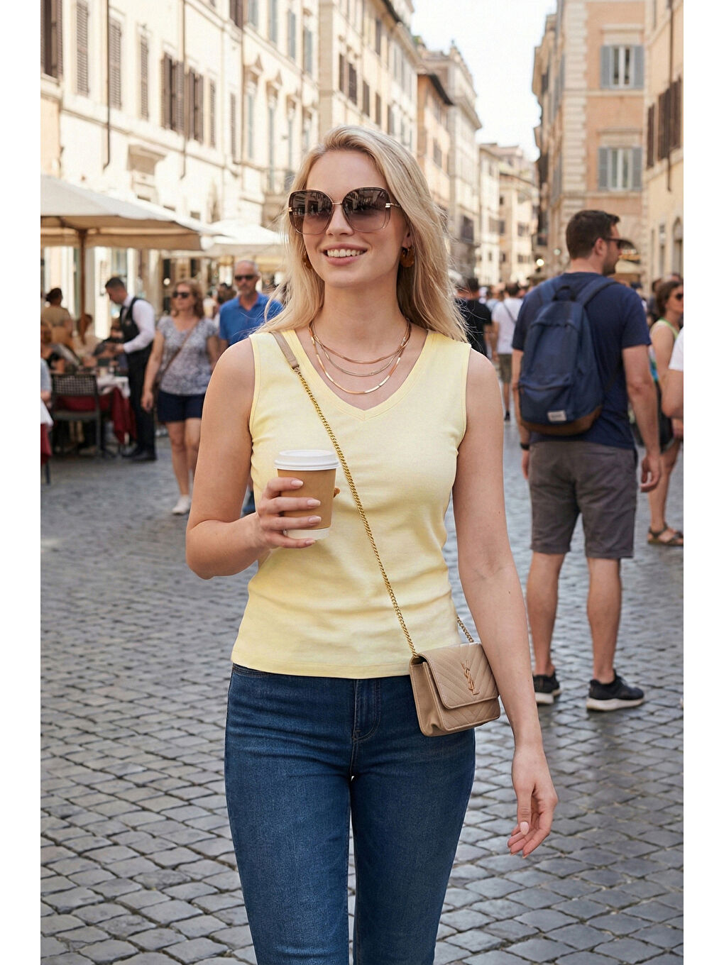 Sarı Kalın Askılı V Yaka Kadın Bluz 5864384