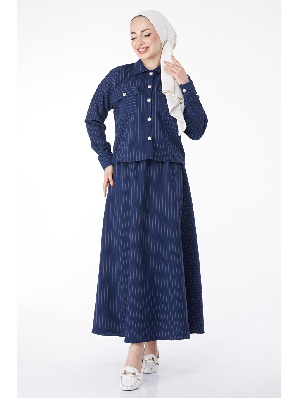 Gömlek Yaka Kadın Lacivert Çizgili Bolero+Etek Takım - 25052