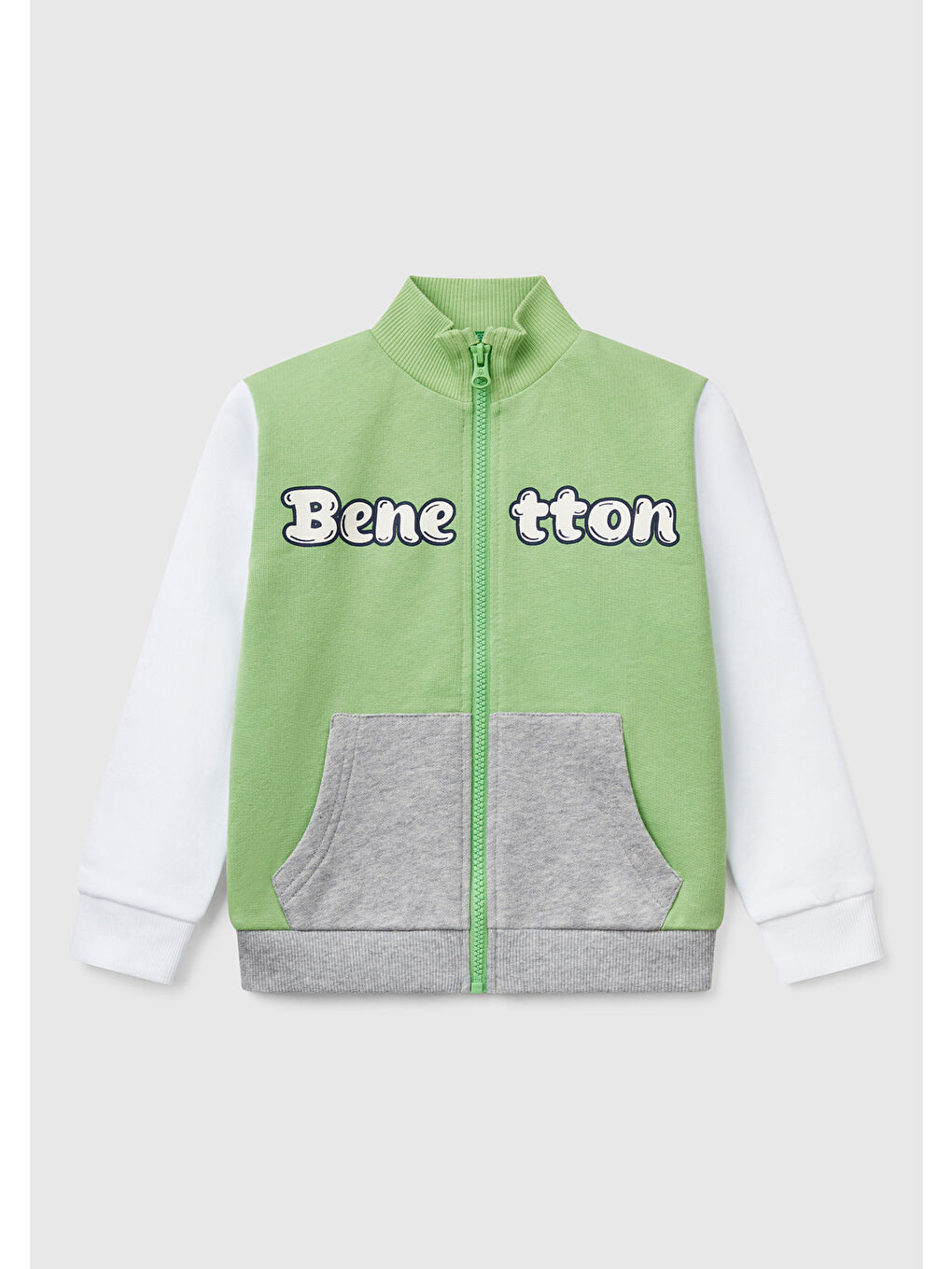 Erkek Çocuk Fıstık Yeşili Benetton Logo İşlemeli Fermuarlı Sweatshirt