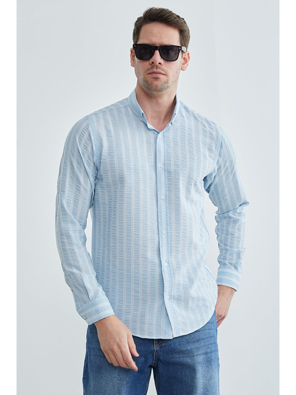 Mavi Çizgili Jakarlı Gömlek-3