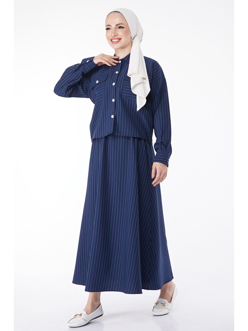 Gömlek Yaka Kadın Lacivert Çizgili Bolero+Etek Takım - 25052-1