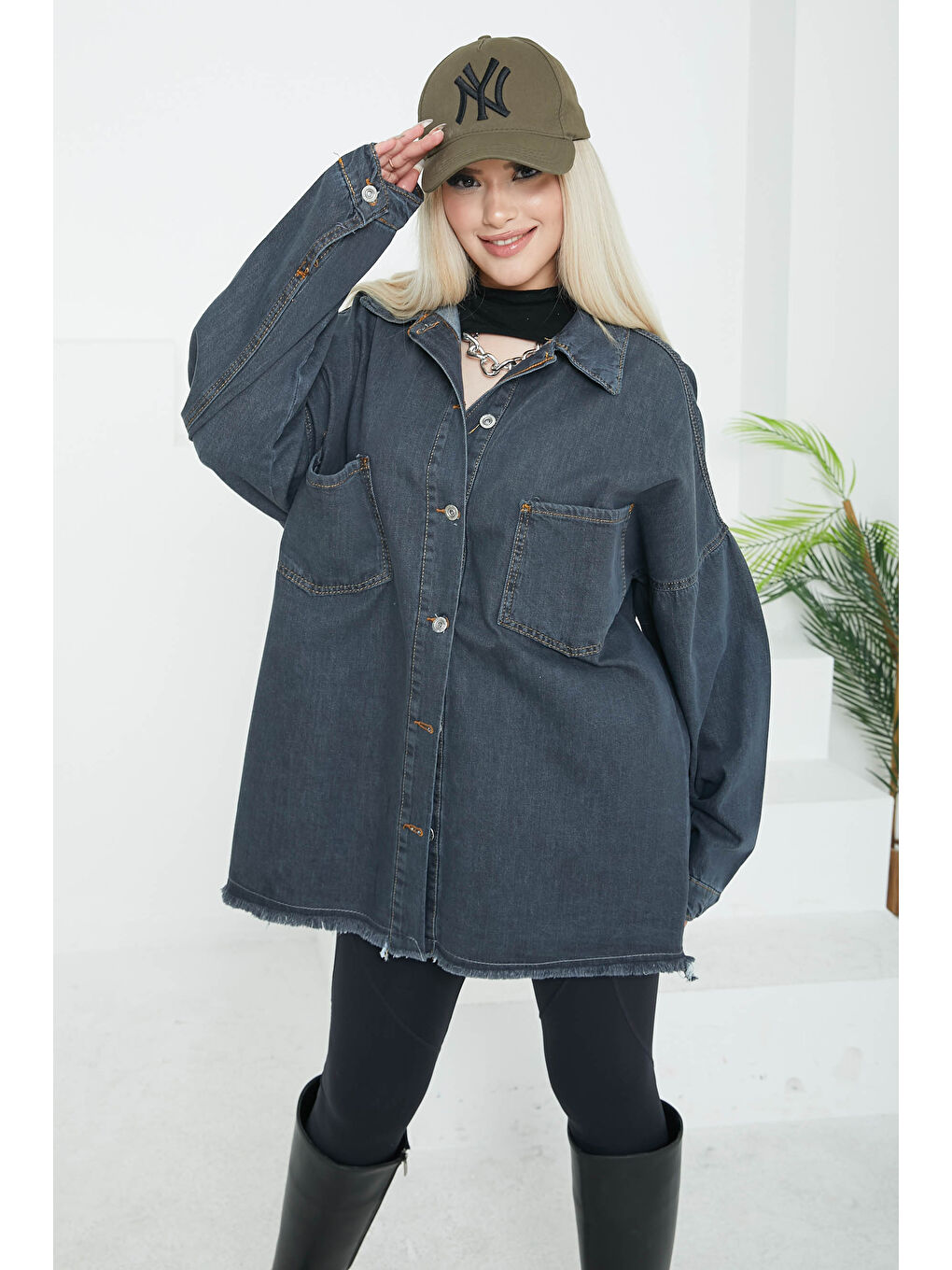 Kadın Çift Cepli Püskül Detay Jean Ceket Antrasit   26576-1