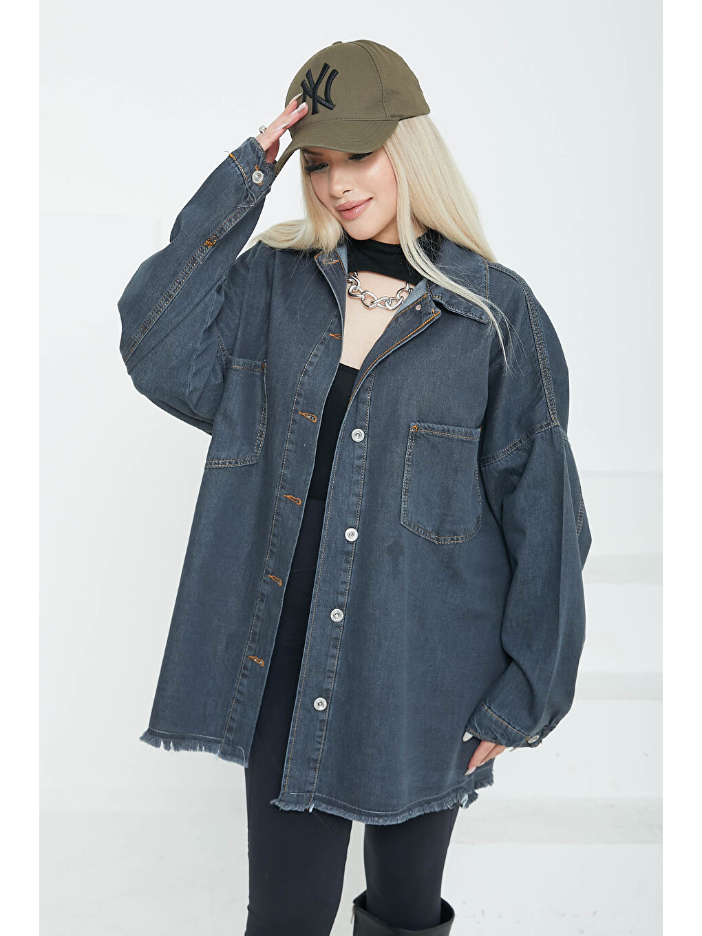 Kadın Çift Cepli Püskül Detay Jean Ceket Antrasit   26576-2