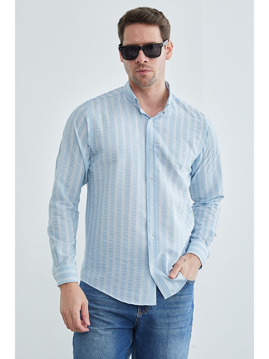 Mavi Çizgili Jakarlı Gömlek-4