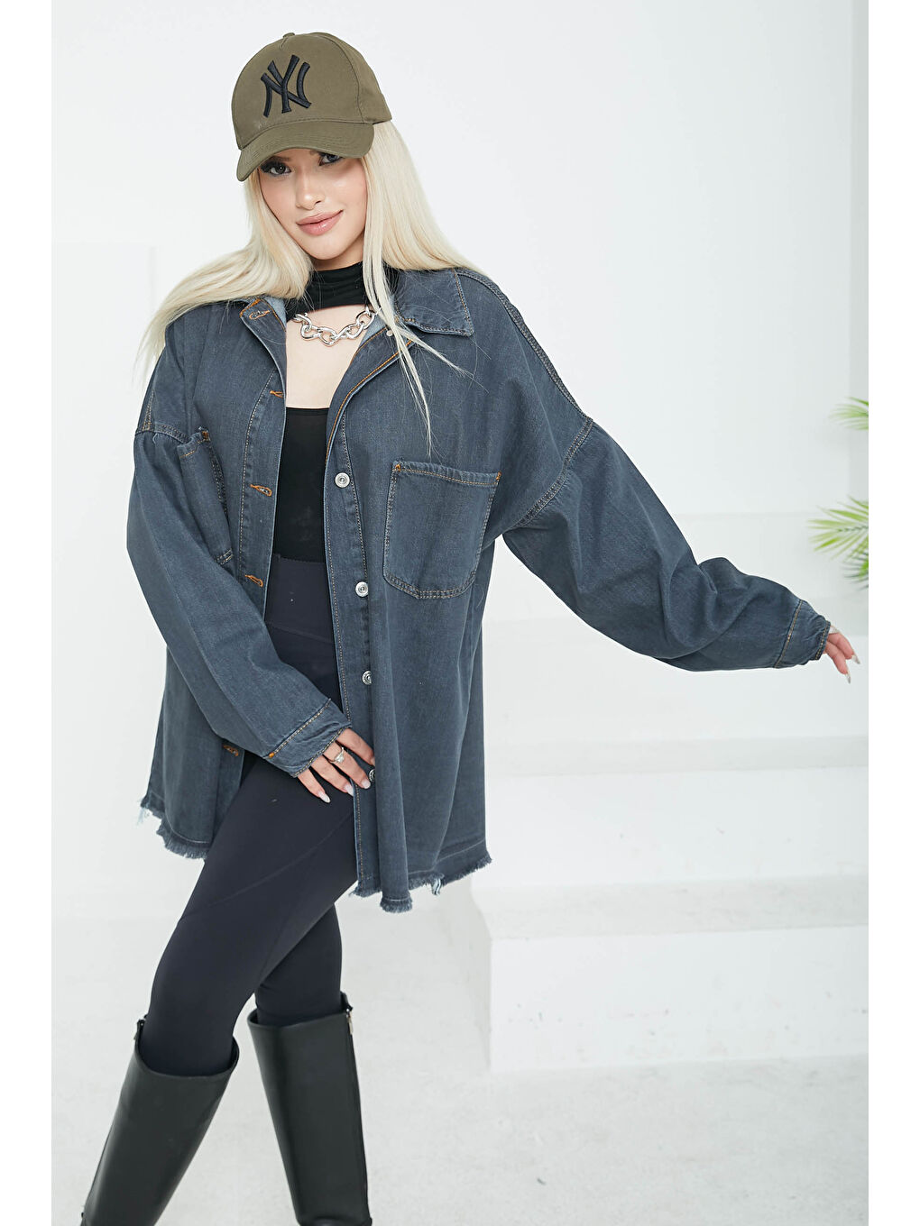 Kadın Çift Cepli Püskül Detay Jean Ceket Antrasit   26576-3