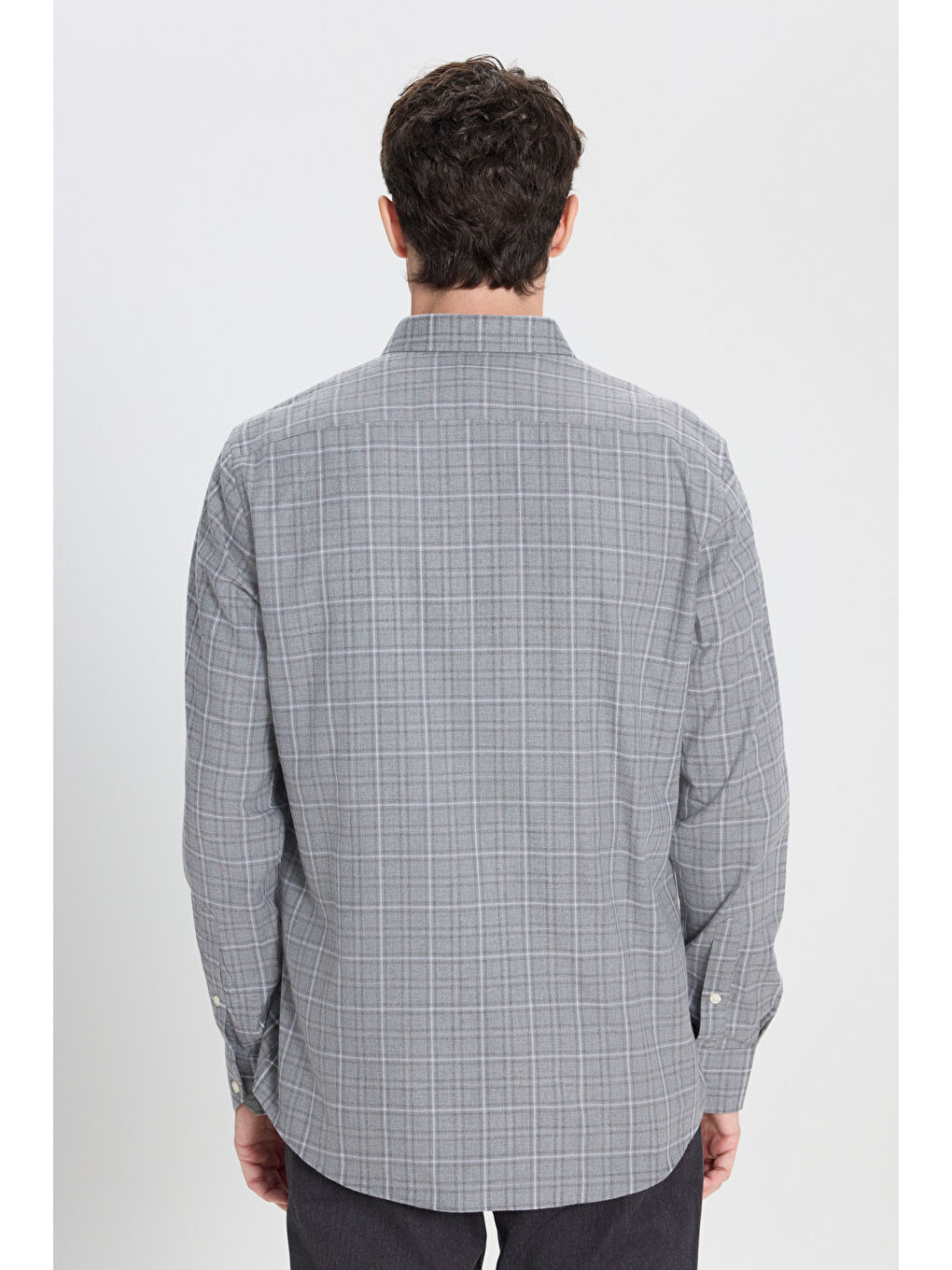 Erkek Antrasit-Gri %100 Pamuk Slim Fit Dar Kesim Düğmeli Yaka Kareli Flanel Gömlek-6