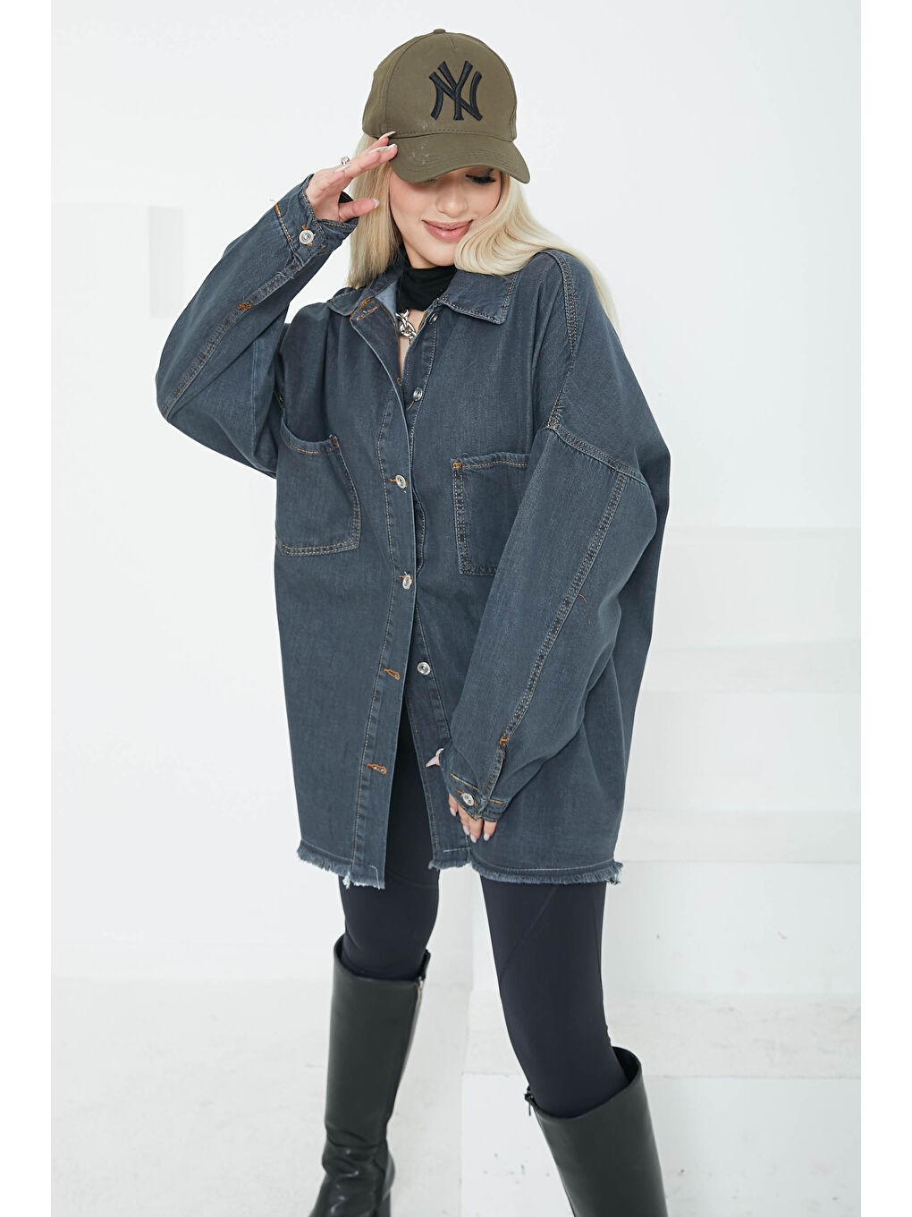 Kadın Çift Cepli Püskül Detay Jean Ceket Antrasit   26576-4