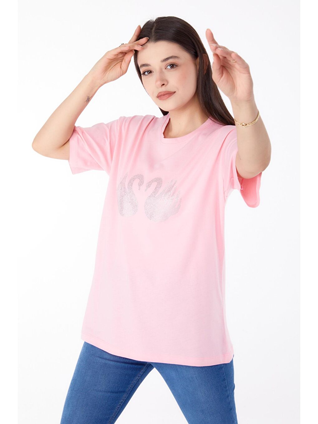 TOFİSA Düz Bisiklet Yaka Kadın Pembe Taşlı T-shirt - 25696