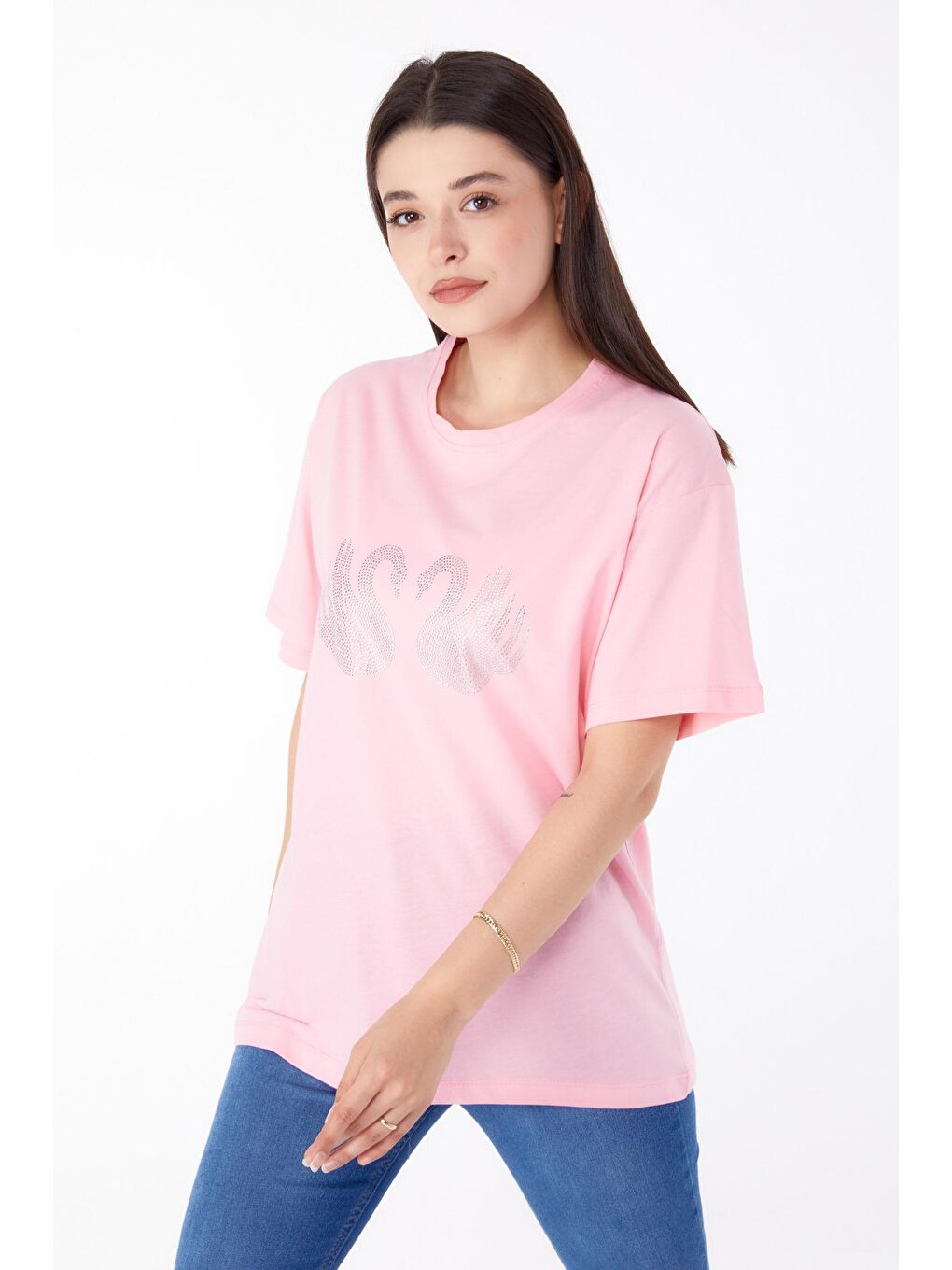 TOFİSA Düz Bisiklet Yaka Kadın Pembe Taşlı T-shirt - 25696 - 1