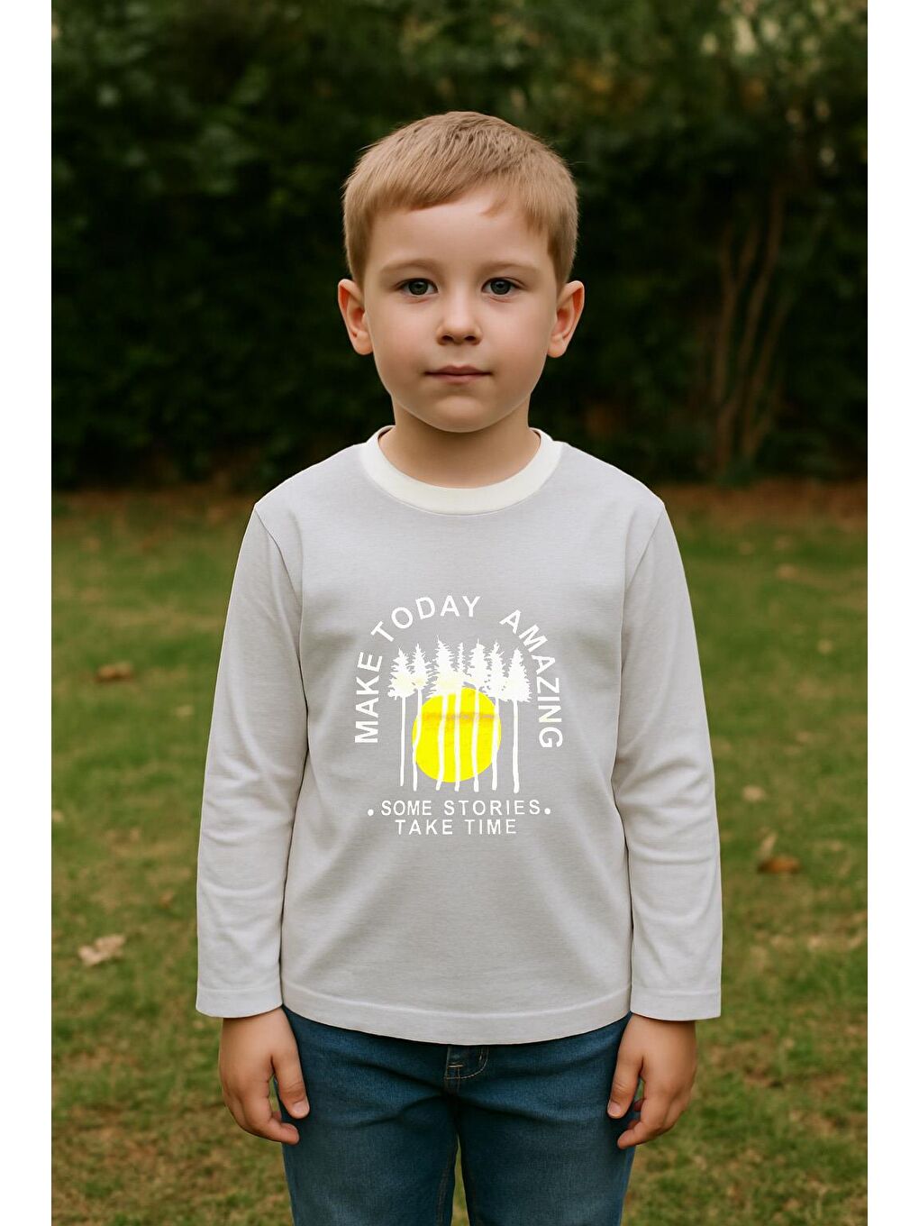 Bej Erkek Çocuk %100 Pamuk Baskılı Uzun Kollu Tişört - Taş (3-4 Yaş 8-9 Yaş)