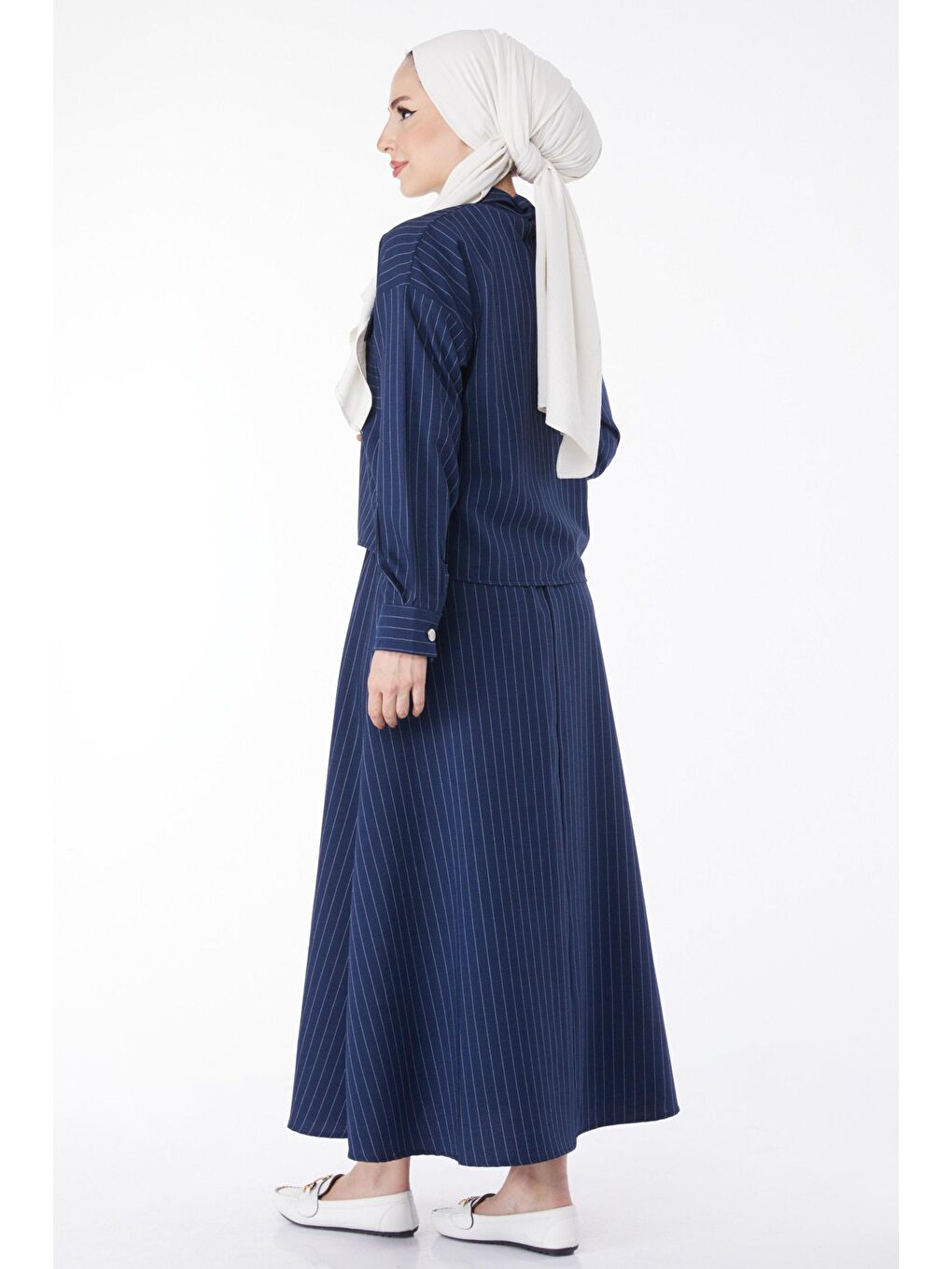 Gömlek Yaka Kadın Lacivert Çizgili Bolero+Etek Takım - 25052-4