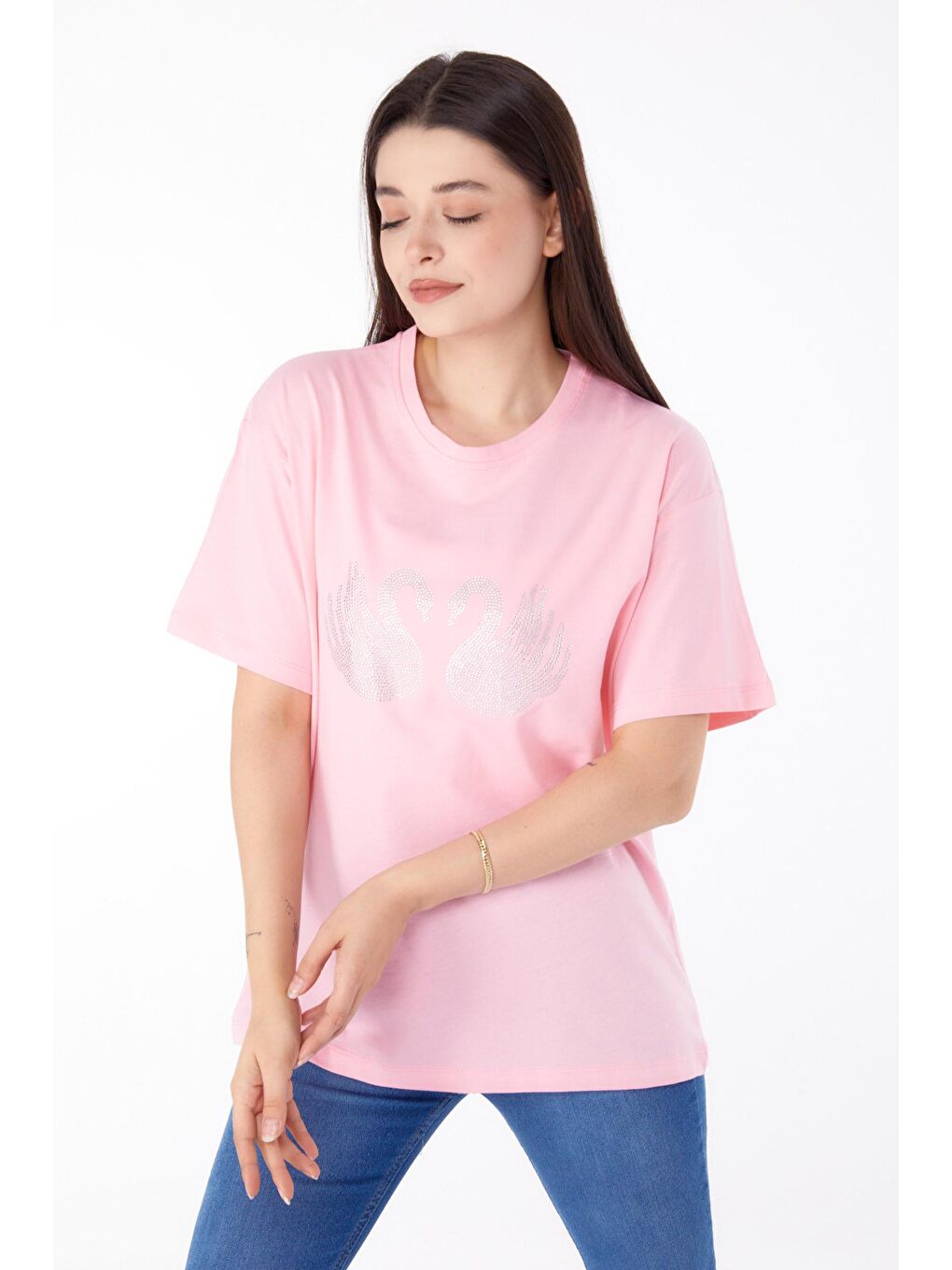 TOFİSA Düz Bisiklet Yaka Kadın Pembe Taşlı T-shirt - 25696 - 2