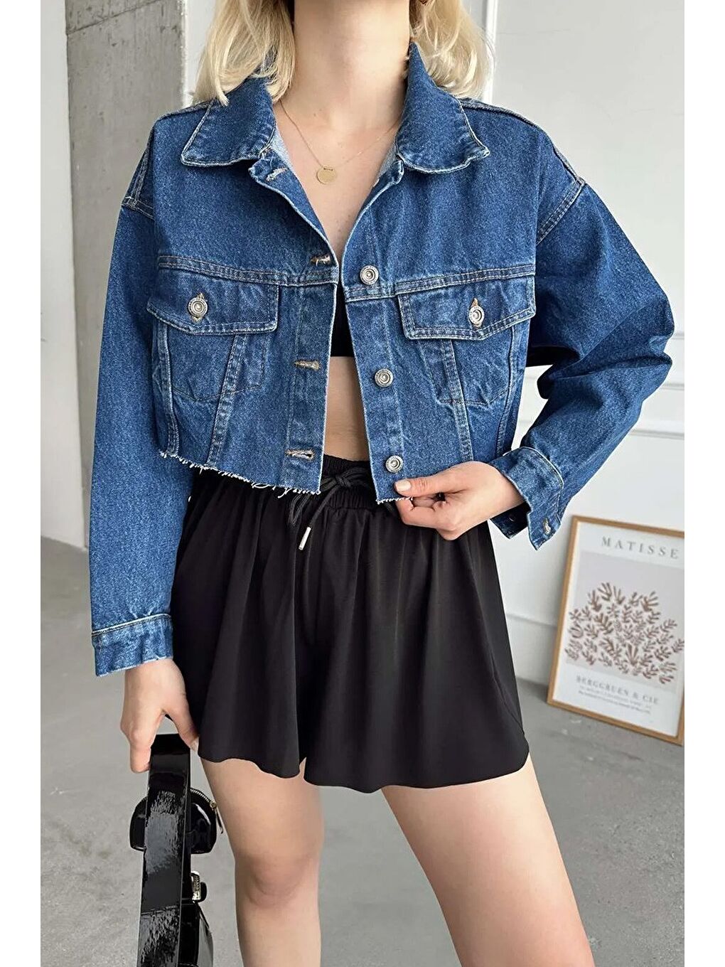 Kadın Çift Cepli Lazer Kesim Crop Jean Ceket Koyu Mavi   26582-2
