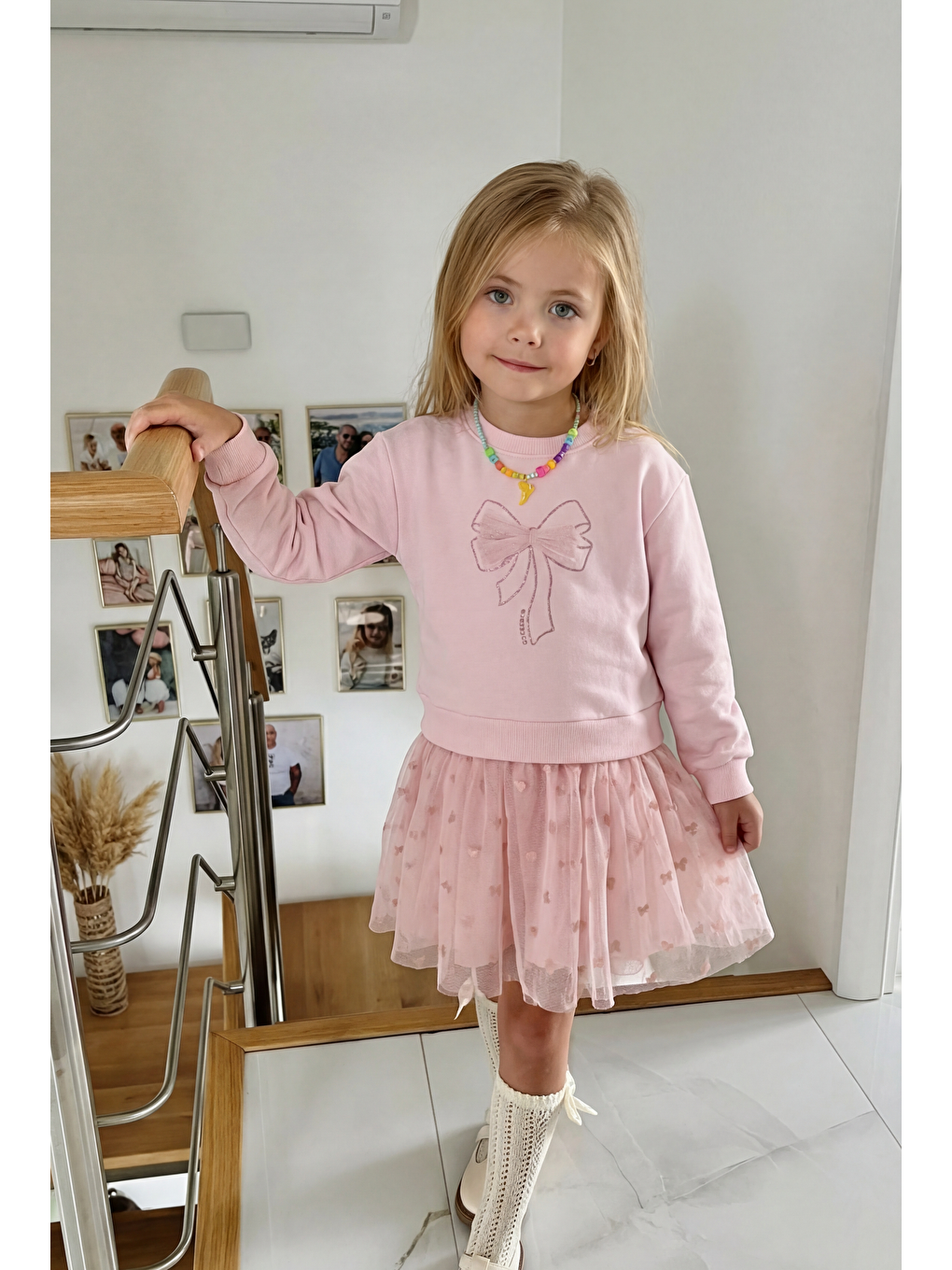 Pembe Kız Çocuk Pamuklu Pudra Fiyonklu Sweatshirt Elbise – Tül Etek Detaylı