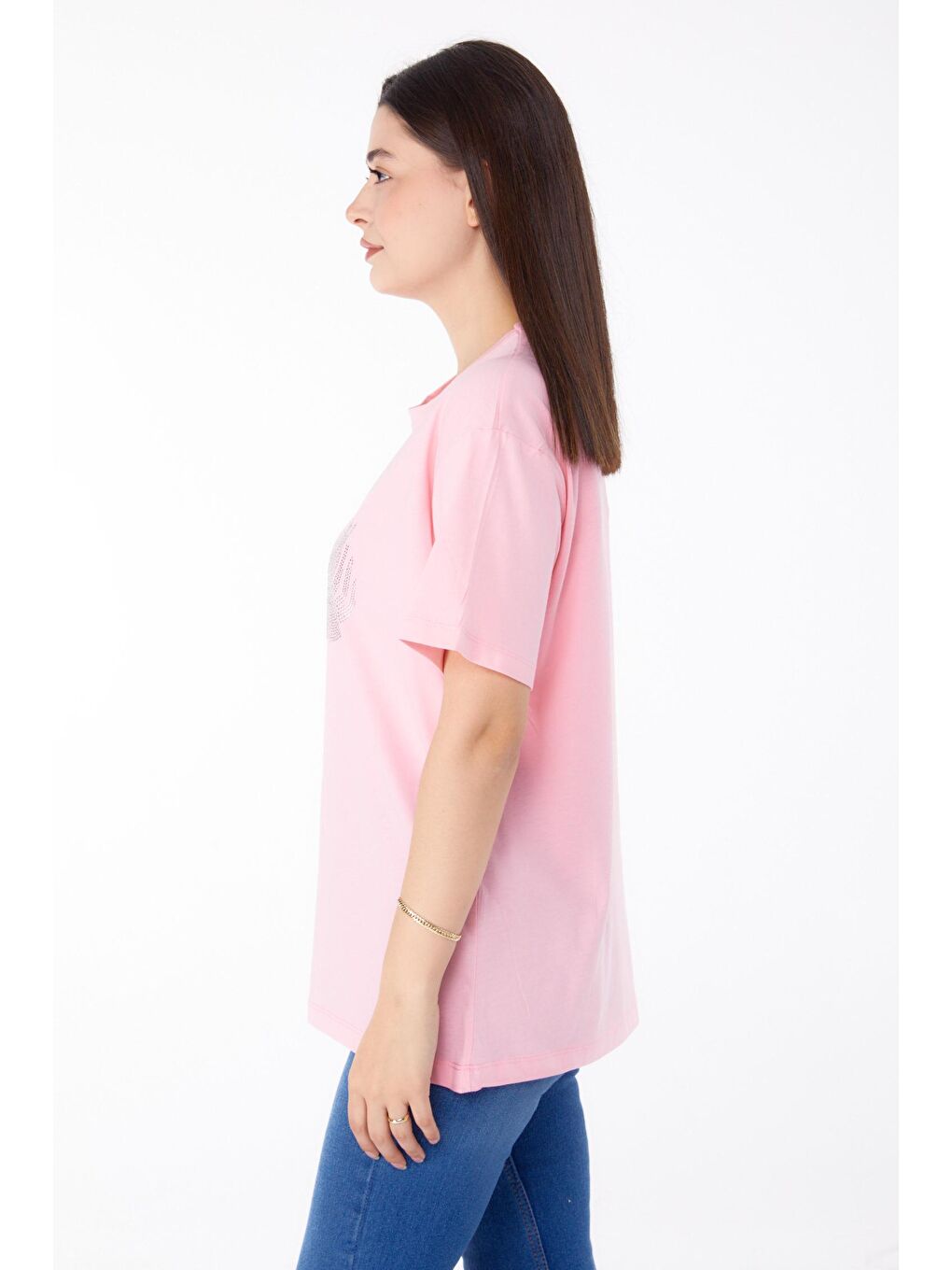 TOFİSA Düz Bisiklet Yaka Kadın Pembe Taşlı T-shirt - 25696 - 3