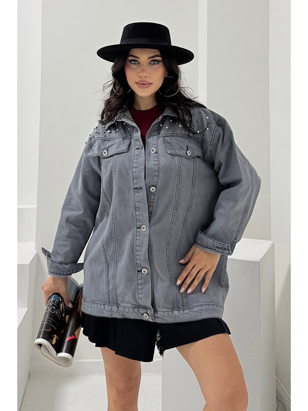Kadın Omuz Taş Detaylı Oversize Jean Ceket Gri   26616