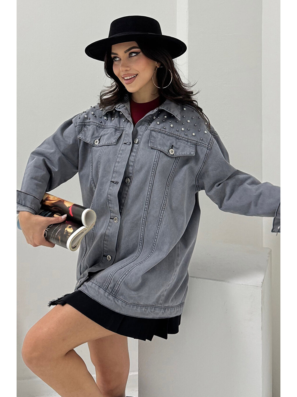Kadın Omuz Taş Detaylı Oversize Jean Ceket Gri   26616-1