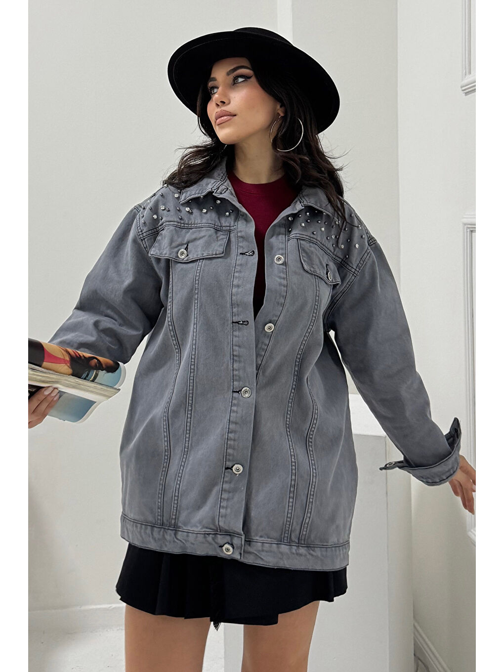 Kadın Omuz Taş Detaylı Oversize Jean Ceket Gri   26616-2