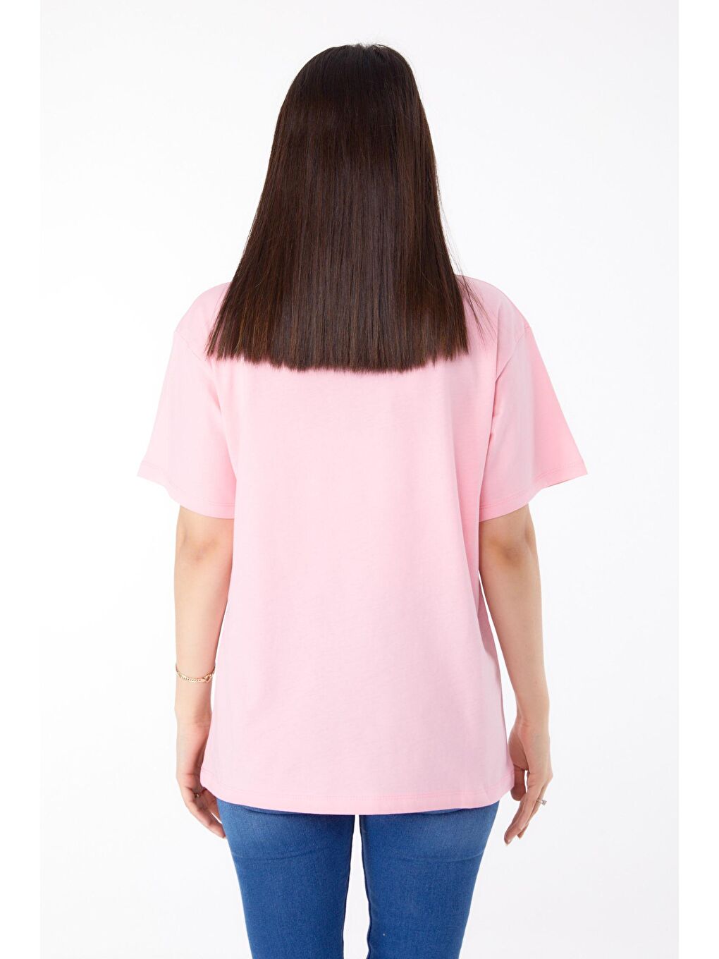 TOFİSA Düz Bisiklet Yaka Kadın Pembe Taşlı T-shirt - 25696 - 4