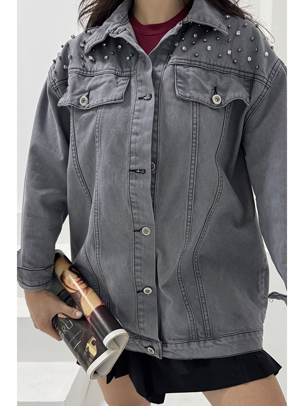 Kadın Omuz Taş Detaylı Oversize Jean Ceket Gri   26616-4