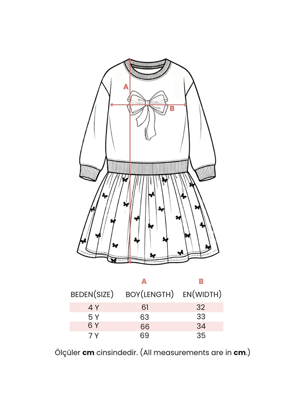 Pembe Kız Çocuk Pamuklu Pudra Fiyonklu Sweatshirt Elbise – Tül Etek Detaylı-1