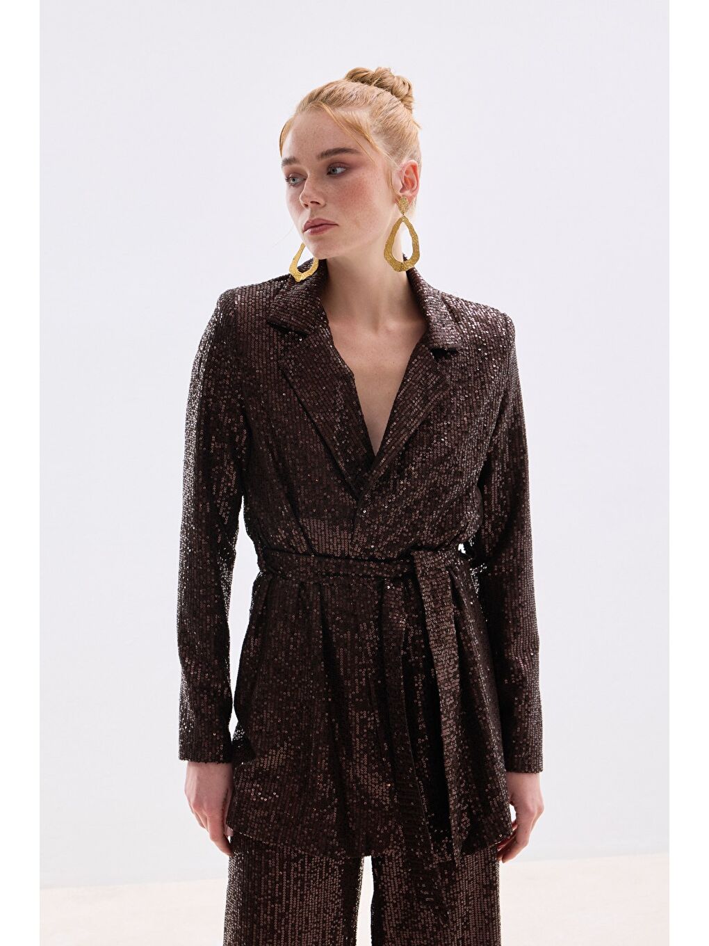 Kahverengi Kuşaklı Payet Ceket - Kahve-2