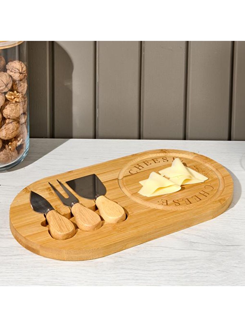 Bambu Peynir Servis Sunum Tabağı - Bej - 33x18x2,5 cm