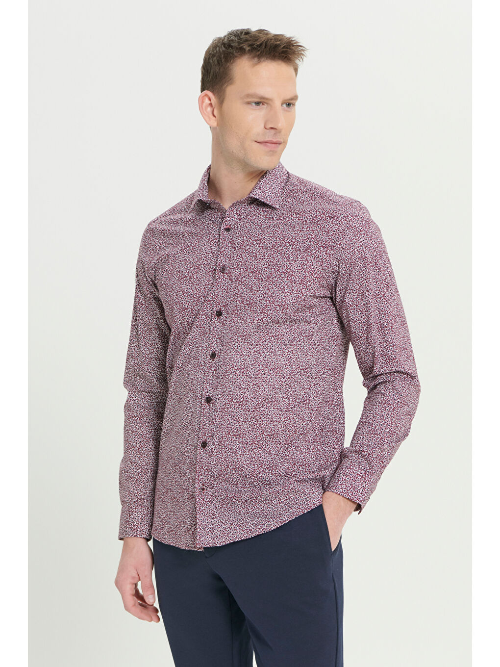Erkek Bordo-Beyaz Pamuklu Slim Fit Dar Kesim Klasik Yaka Baskılı Gömlek