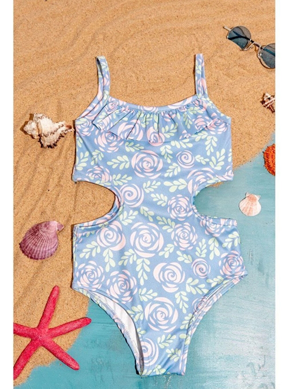 Turkuaz Gül Baskılı Kız Çocuk Mayo 1851