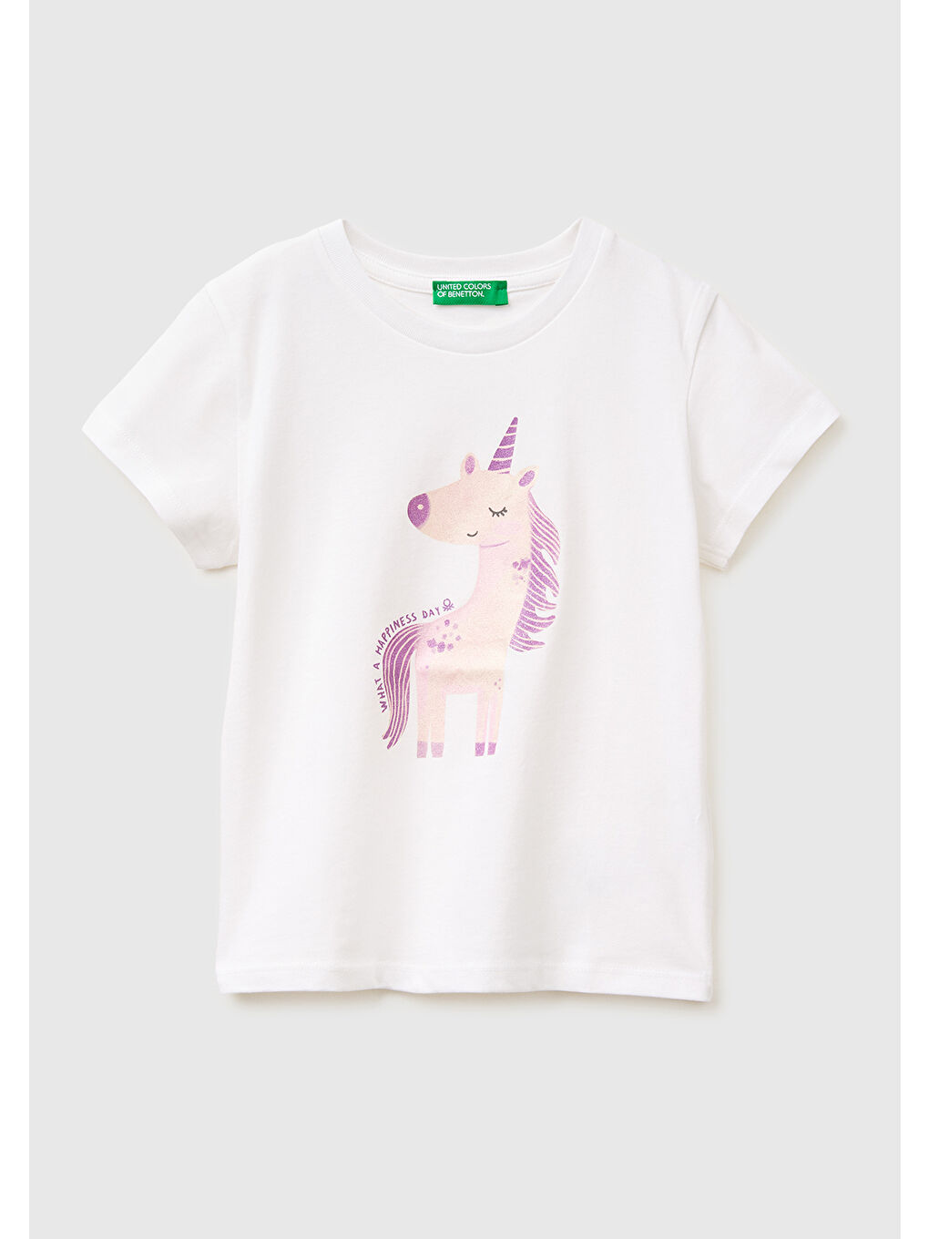 Kız Çocuk Beyaz Simli Su Bazlı Baskılı Bisiklet Yaka T-Shirt