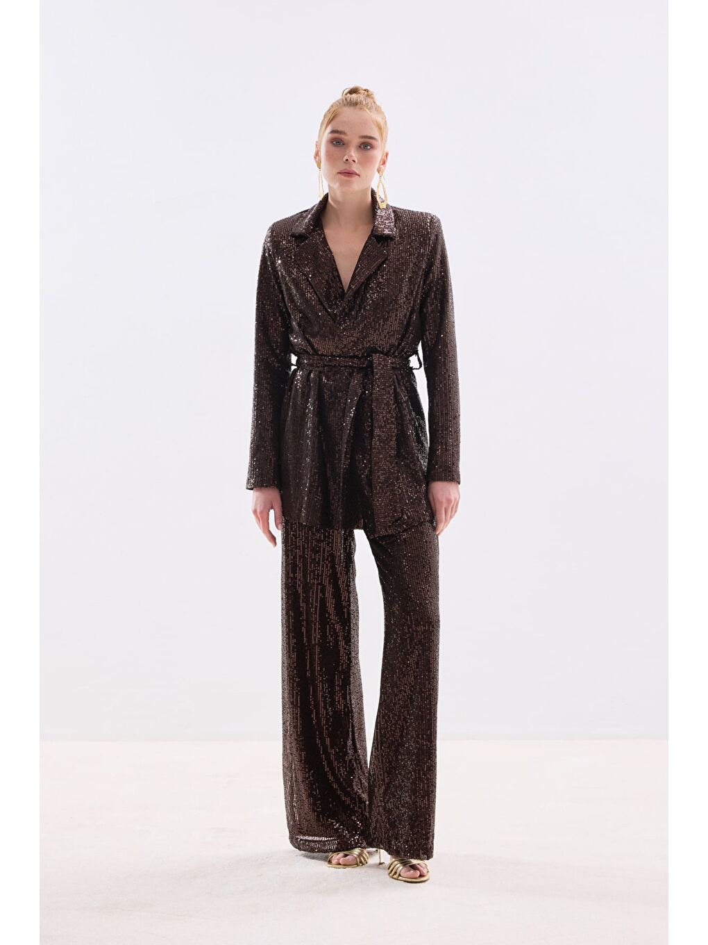 Kahverengi Kuşaklı Payet Ceket - Kahve-5