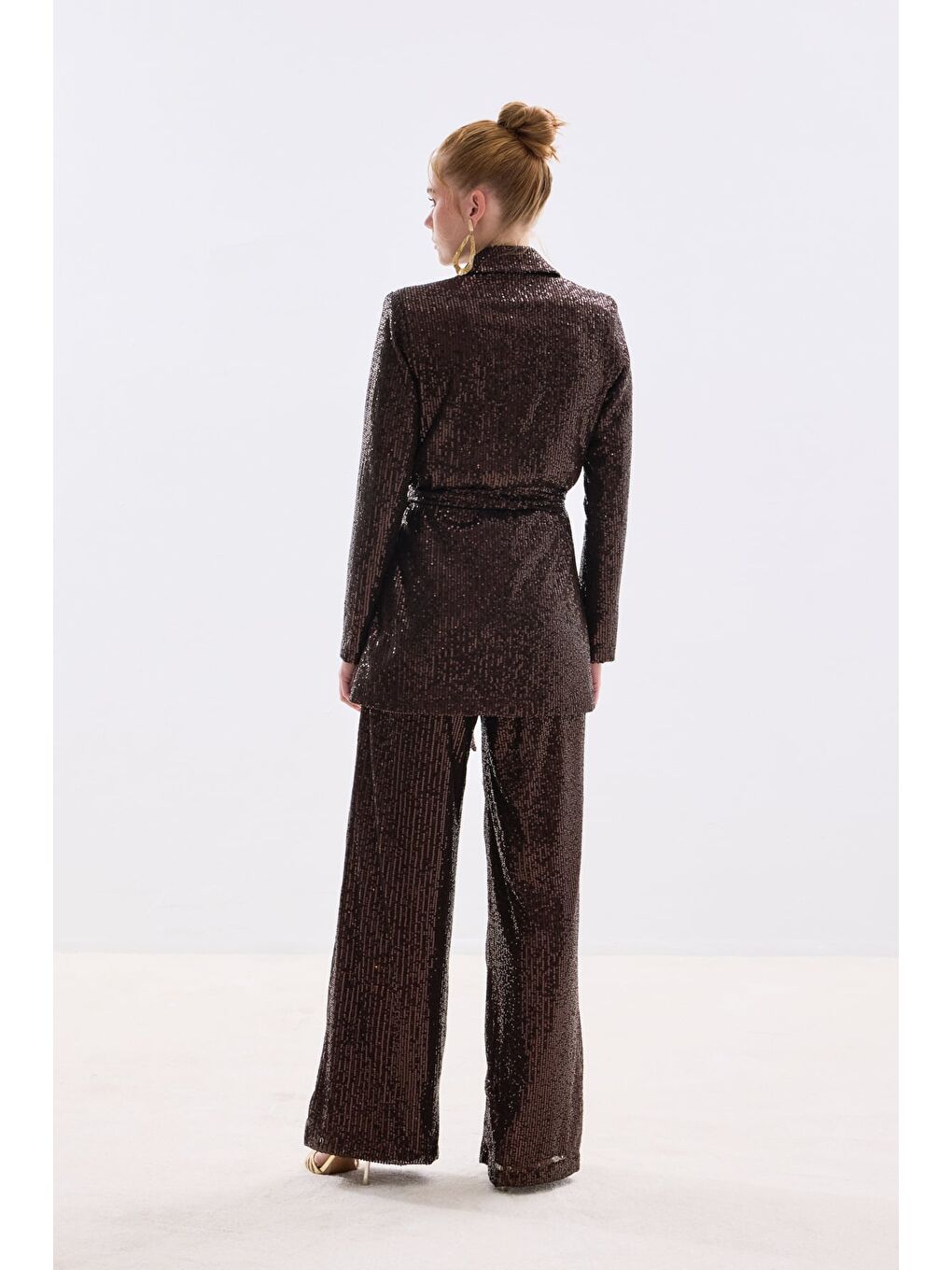 Kahverengi Kuşaklı Payet Ceket - Kahve-6