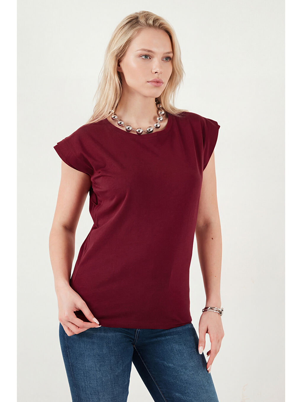Bordo % 100 Pamuklu Bisiklet Yaka Kolsuz Kadın T Shirt 5864019-3