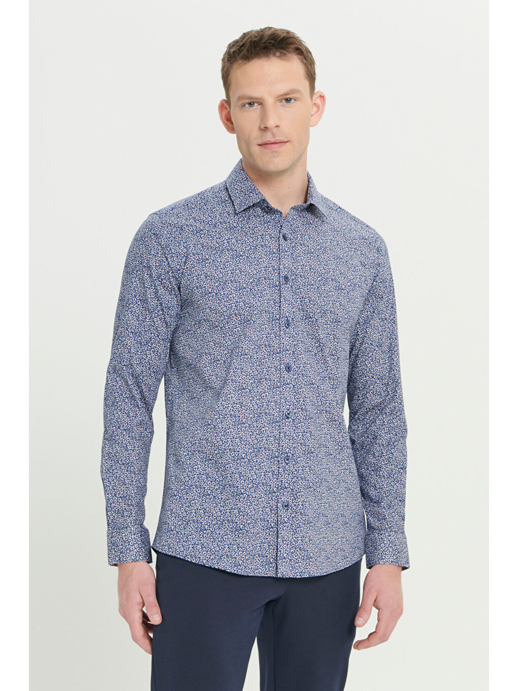 Erkek Mavi-Beyaz Pamuklu Slim Fit Dar Kesim Klasik Yaka Baskılı Gömlek