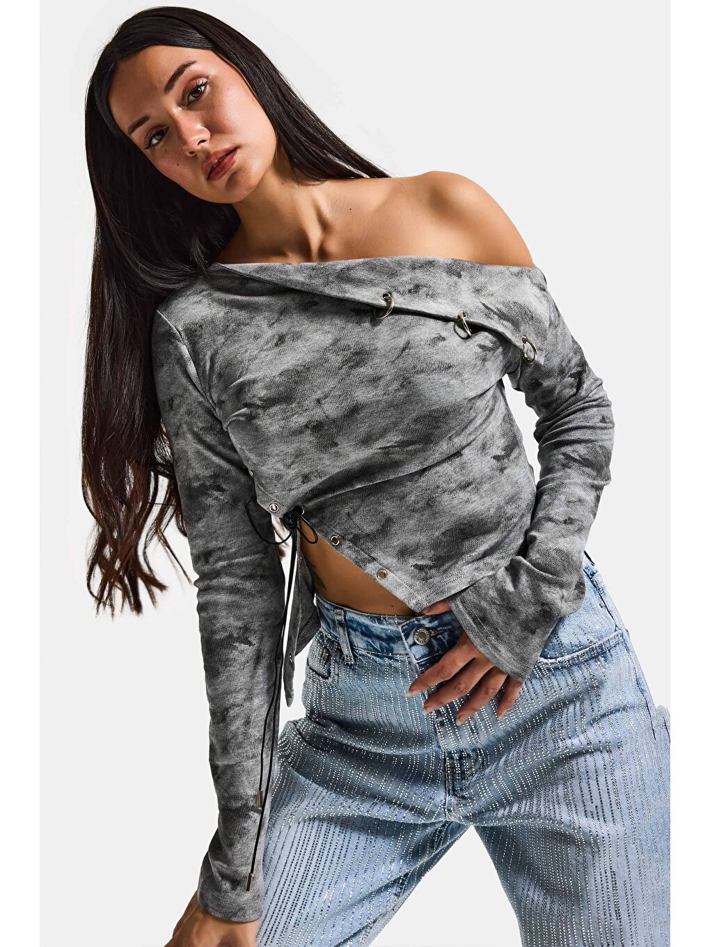 Kadın Gri w5 Asimetrik Kesim Özel Tasarım Crop Top