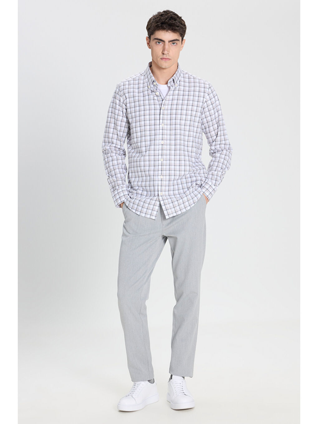 Erkek Beyaz-Antrasit %100 Pamuk Slim Fit Dar Kesim Düğmeli Yaka Kareli Flanel Gömlek-1