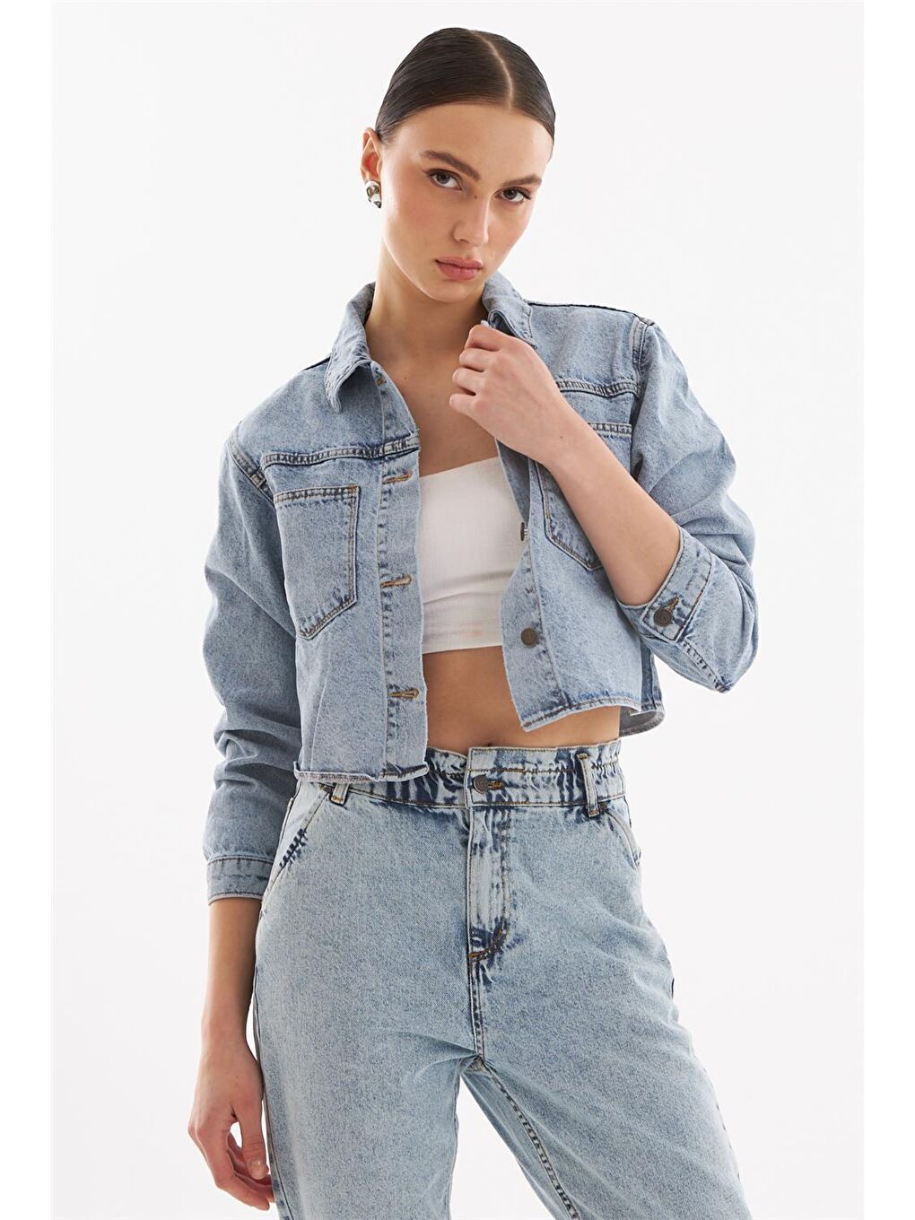 Explode Açık Mavi Kadın Klasik Crop Denim Ceket Açık Mavi - 1