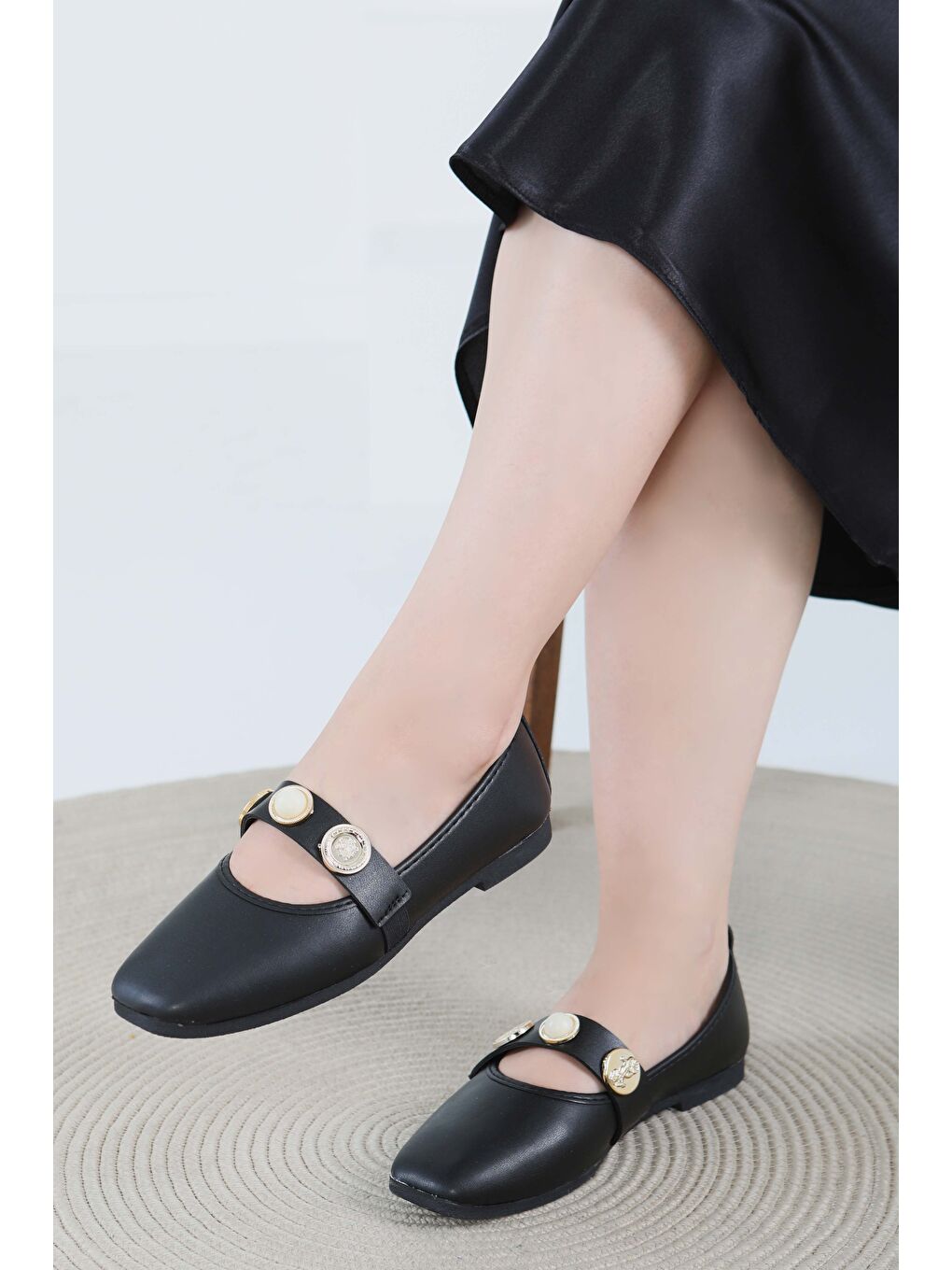 Kadın Siyah İncili Babet Ayakkabı - 27473-2