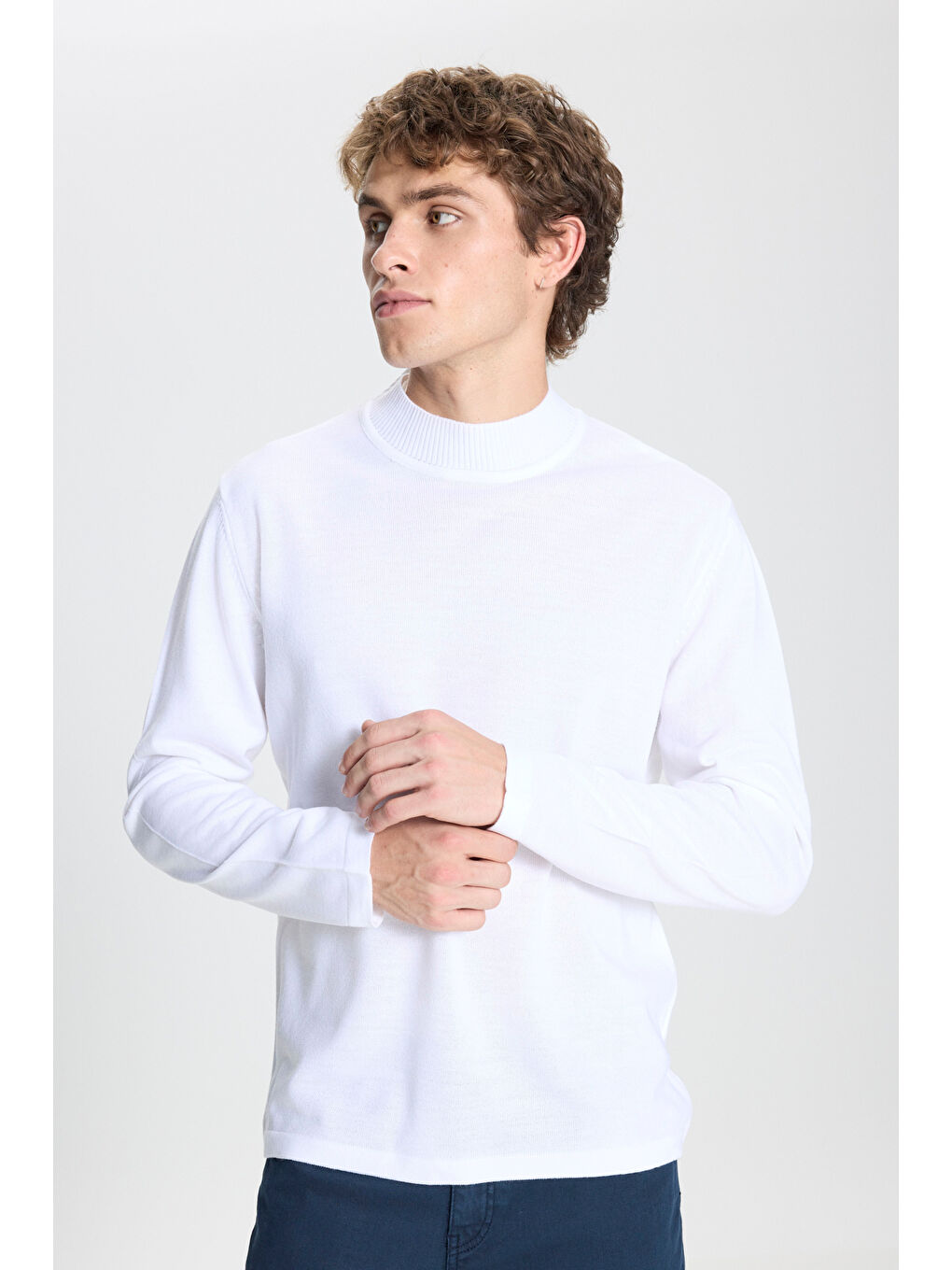 Erkek Ekru Tüylenme Yapmayan Anti-Pilling Standart Fit Yarım Balıkçı Yaka Triko Kazak-3