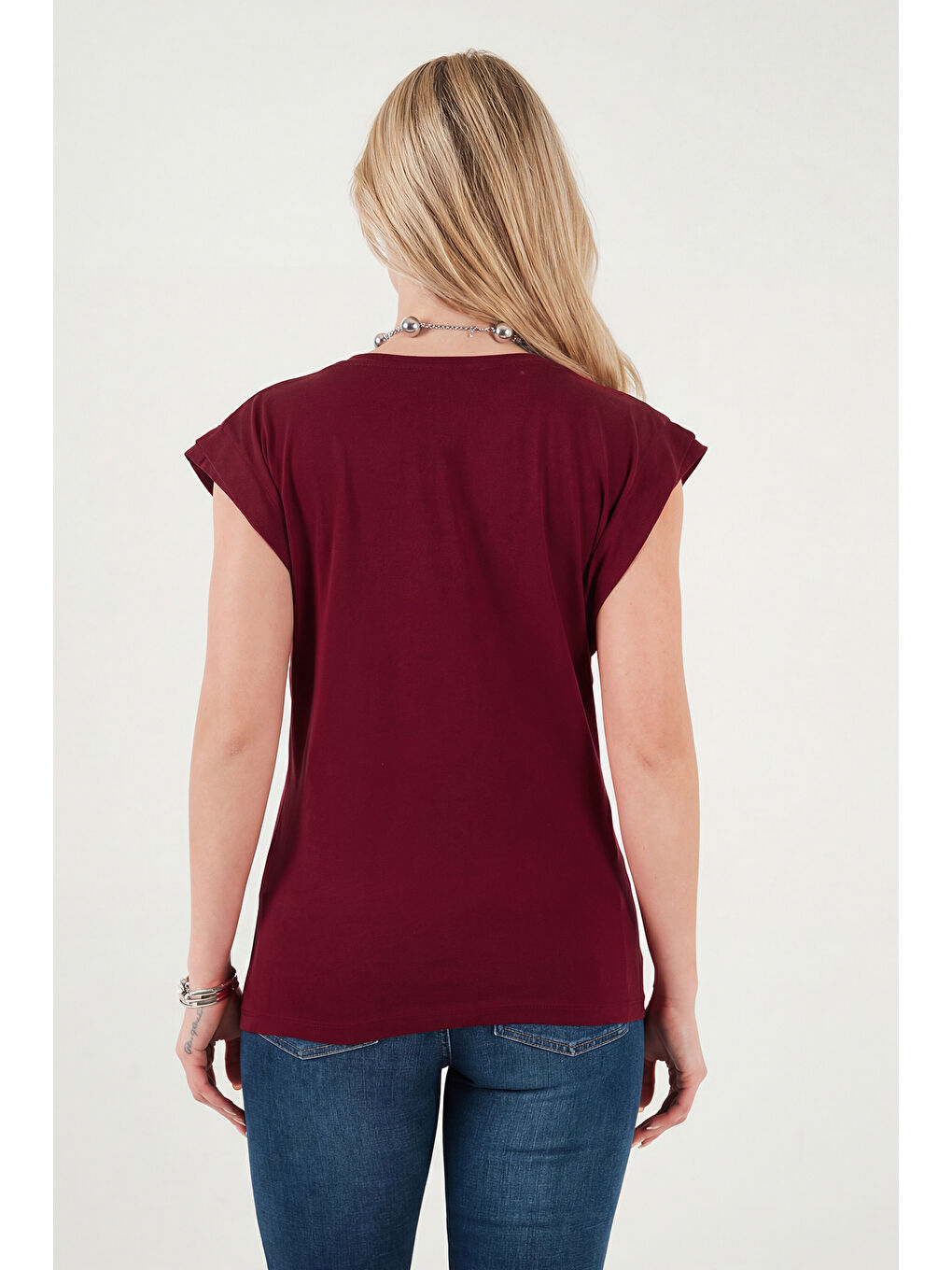 Bordo % 100 Pamuklu Bisiklet Yaka Kolsuz Kadın T Shirt 5864019-5