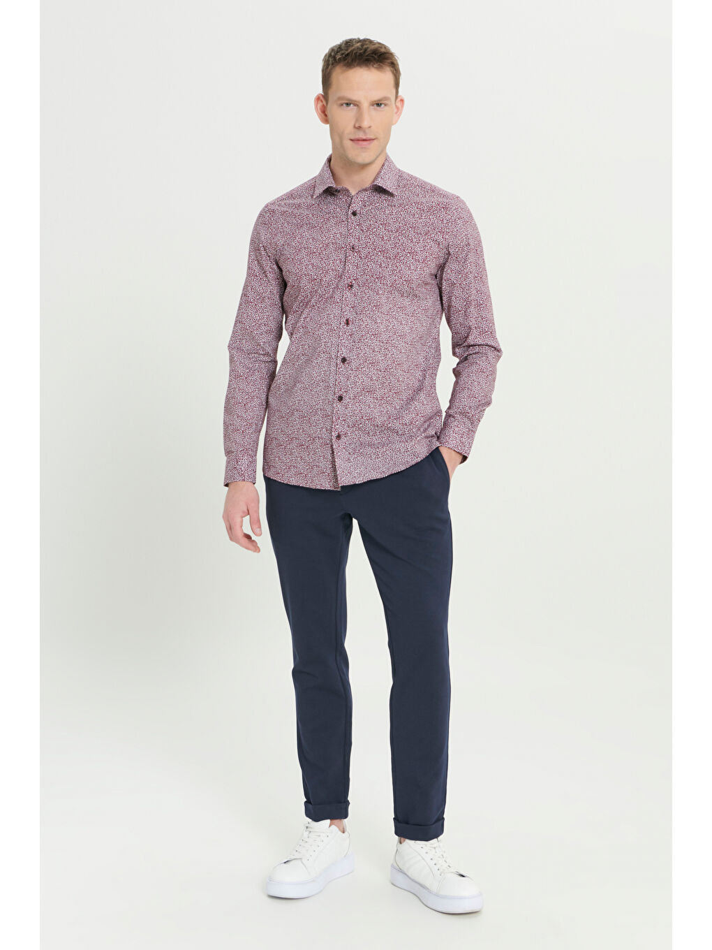 Erkek Bordo-Beyaz Pamuklu Slim Fit Dar Kesim Klasik Yaka Baskılı Gömlek-1