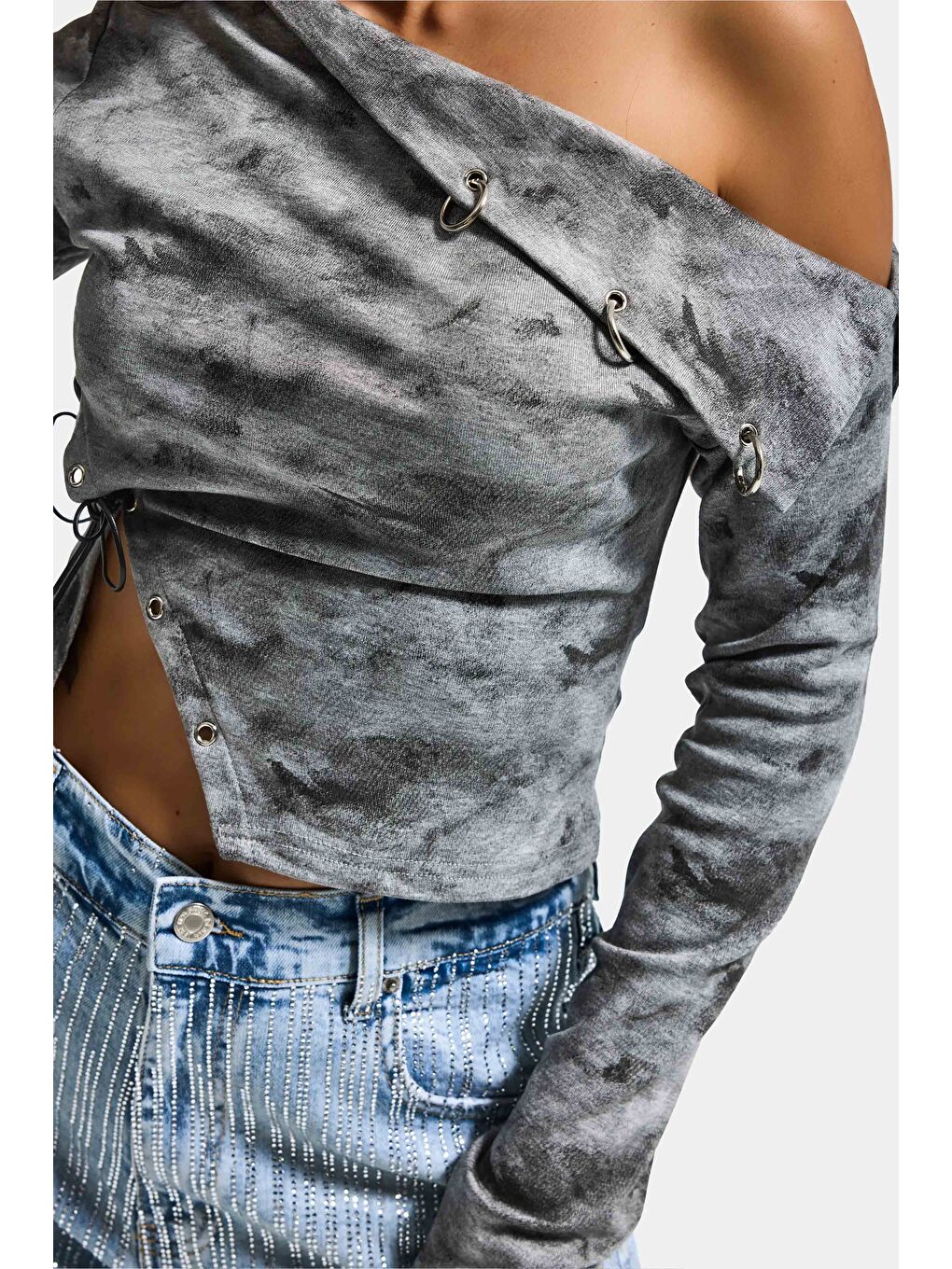 Kadın Gri w5 Asimetrik Kesim Özel Tasarım Crop Top-1