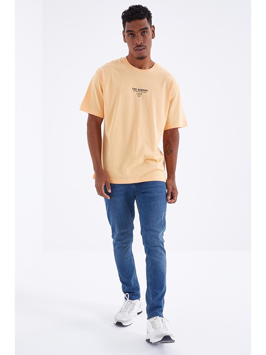 TOMMYLIFE Turuncu Kavun Içi Sırt Baskılı O Yaka Erkek Oversize T-shirt - 88091 - 2