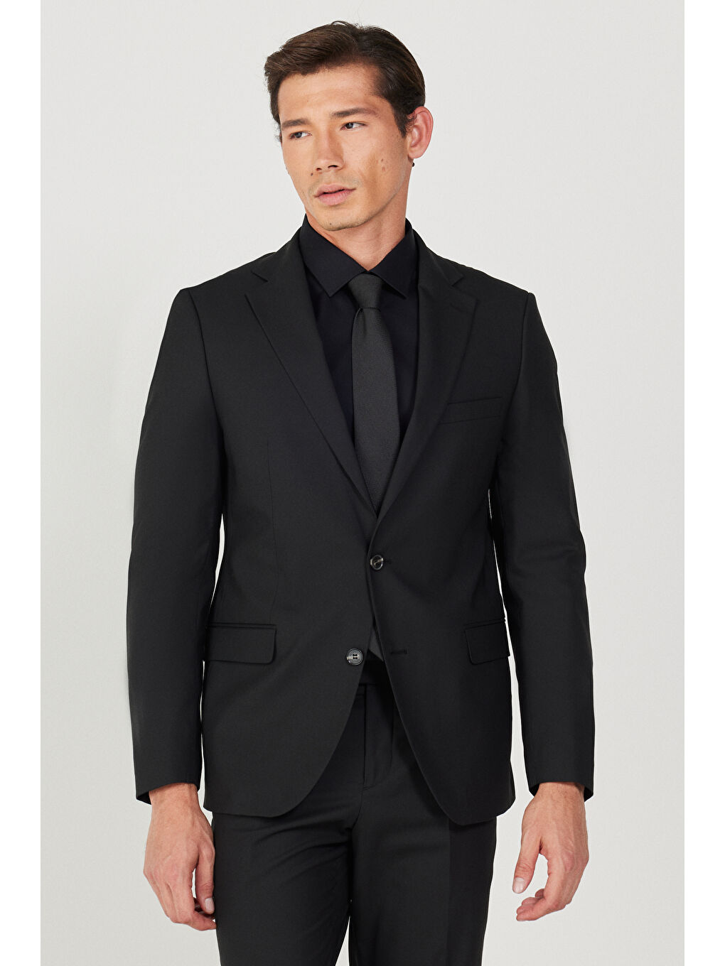 Erkek Siyah Su Geçirmez Slim Fit Dar Kesim Mono Yaka Yünlü Nano Takım Elbise-2