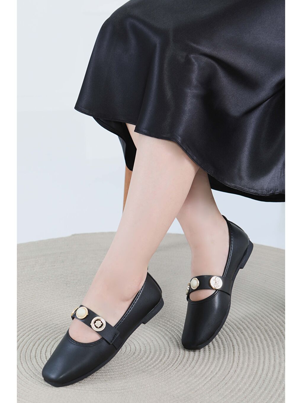 Kadın Siyah İncili Babet Ayakkabı - 27473-3