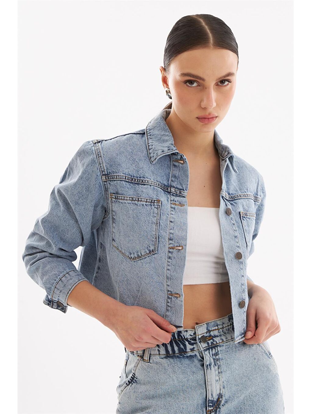 Explode Açık Mavi Kadın Klasik Crop Denim Ceket Açık Mavi - 2