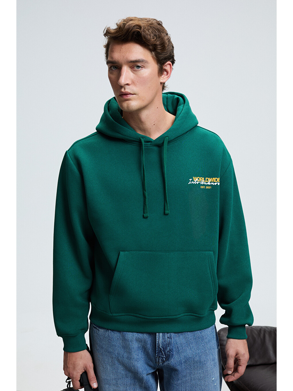 Pascal Erkek Kapüşonlu Kanguru Cepli Önü Ve Sırtı Baskılı Regular Fit Yeşil Sweatshirt